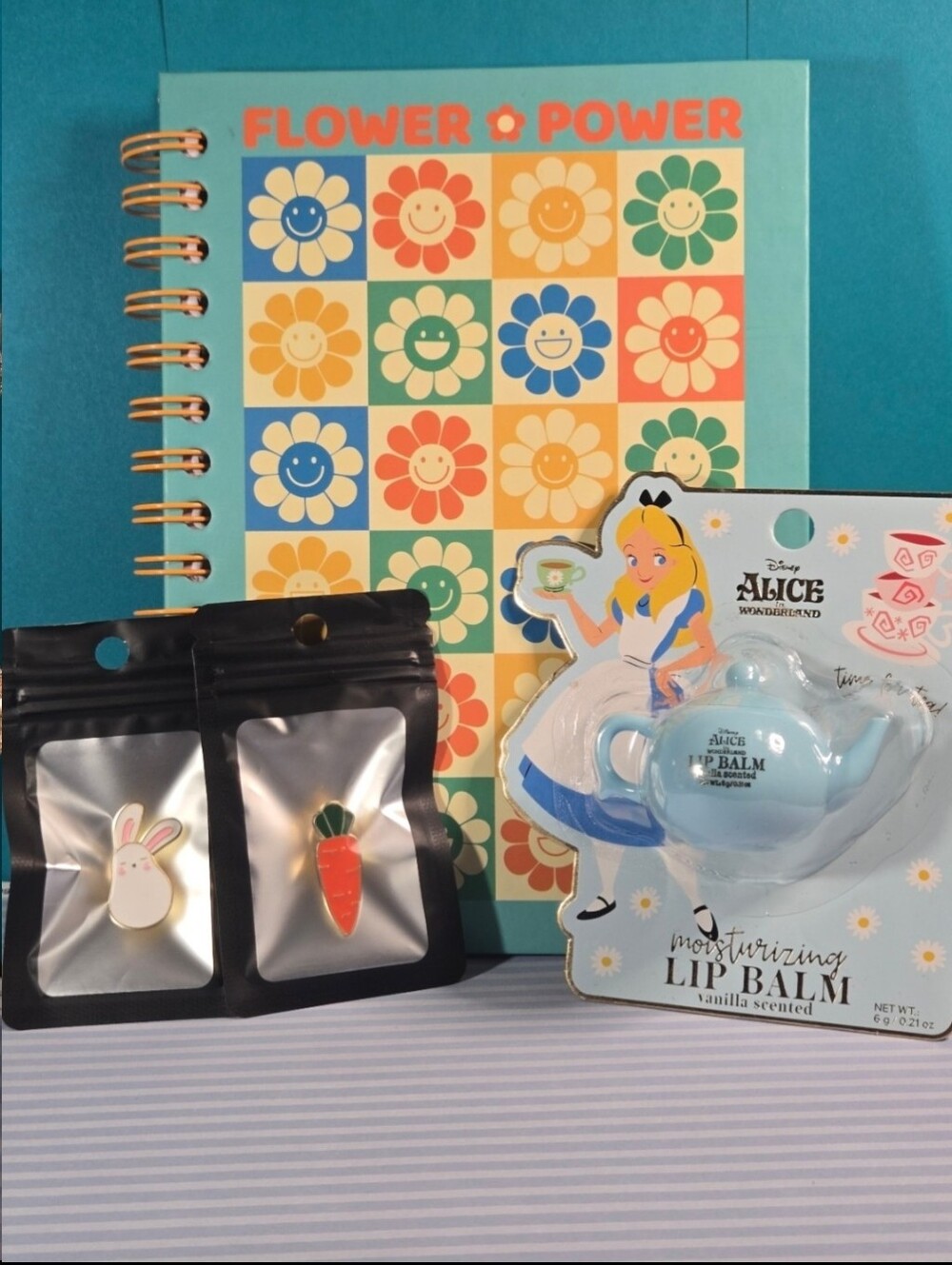 4pc Alice in Wonderland Teapot Lip Balm Notebook Pins Lot